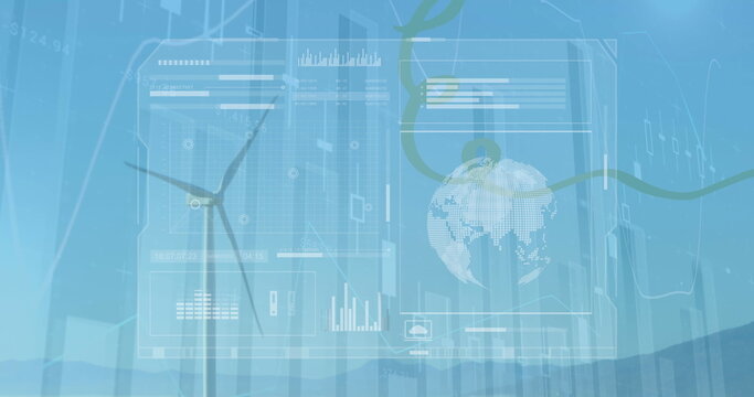 Wind turbine standing in wind farm near mountain ridge, with globe and charts overlay, copy space