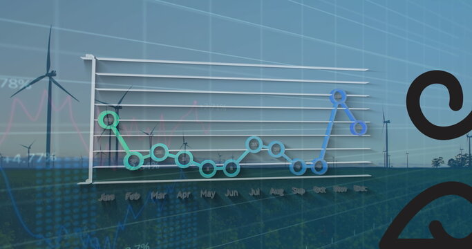 Displaying composite 3D line graph overlaying wind turbine farm, with colored monthly data nodes - Powered by Adobe