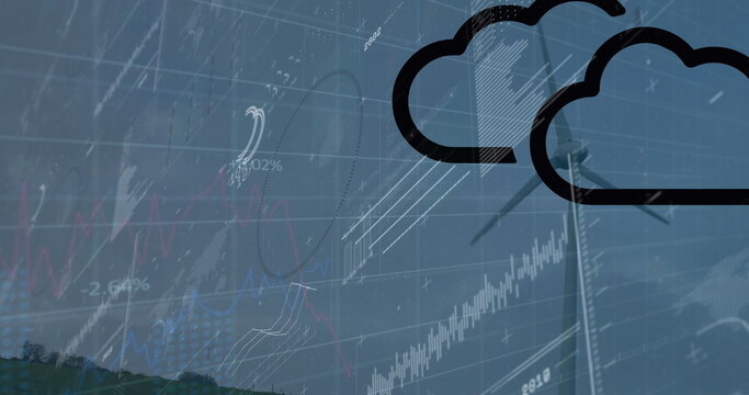 Black outline cloud icons floating above wind turbine on green hill, with financial chart overlays - Powered by Adobe