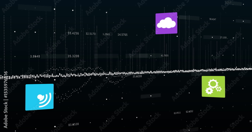 Aufkleber displaying white dotted waveform spanning dark panel, with icons, dot clusters and numeric labels