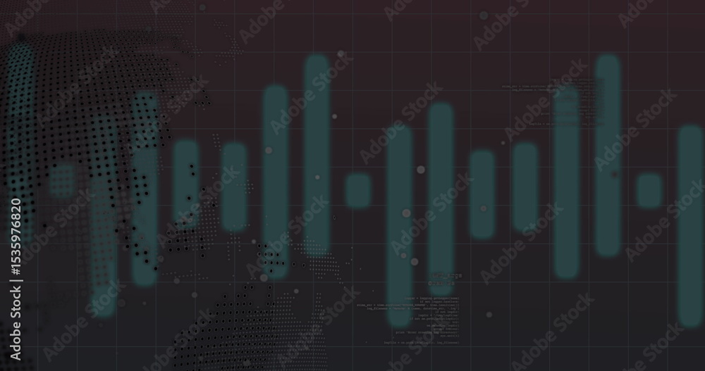 Poster displaying teal data bar chart on digital dashboard, with world map and code fragments