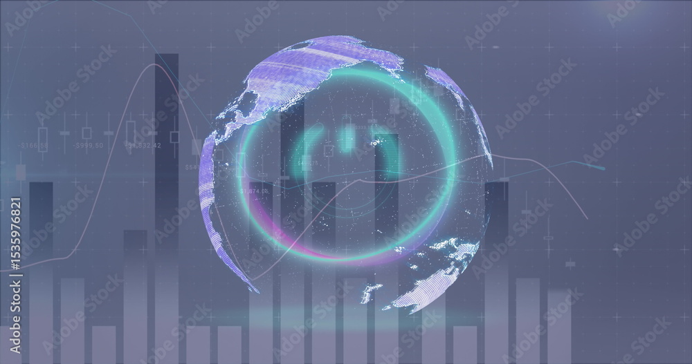 Poster floating stylized holographic globe displaying data in dashboard, with neon rings and data charts