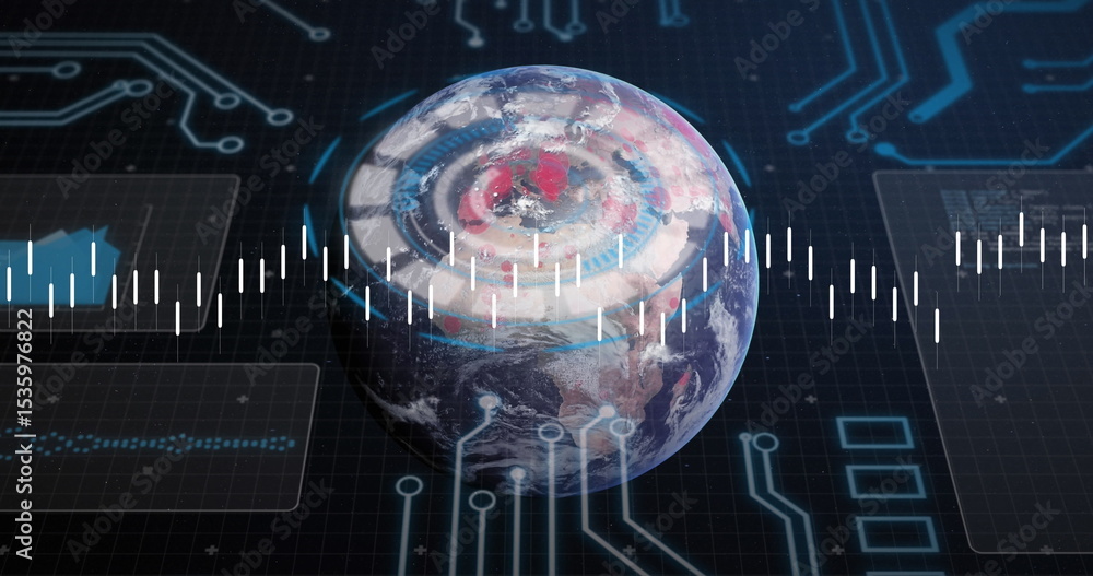 Poster displaying 3d earth rippling rings on grid interface, with waveform, circuit traces, ui outlines