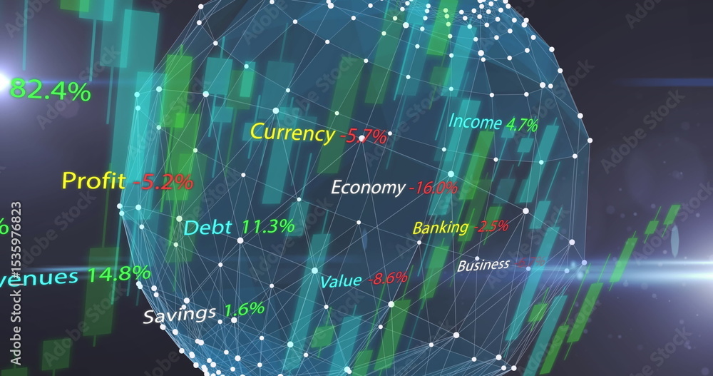 Poster Visualizing spherical network mesh floating in digital space with green red candlestick metrics