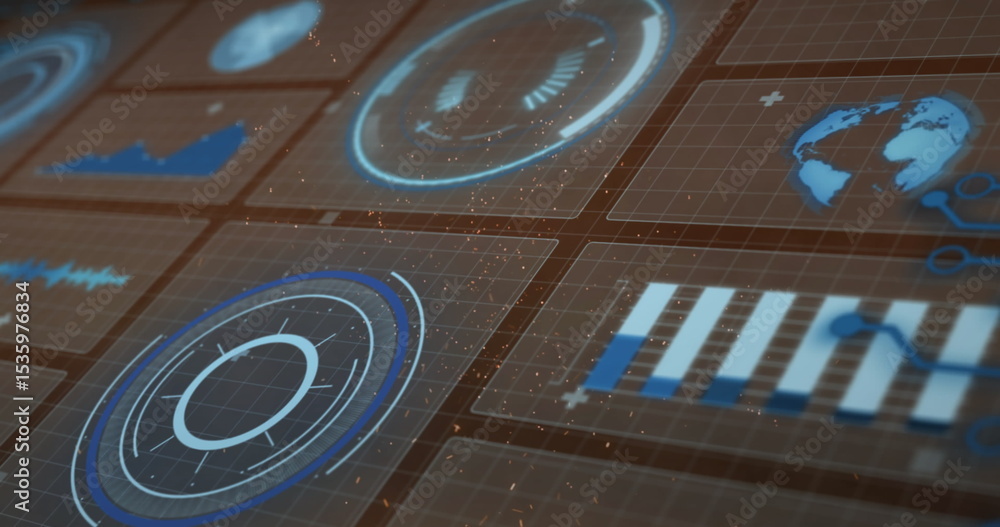 Poster holographic panel displaying data in control room with circular gauges and globe icon, particles