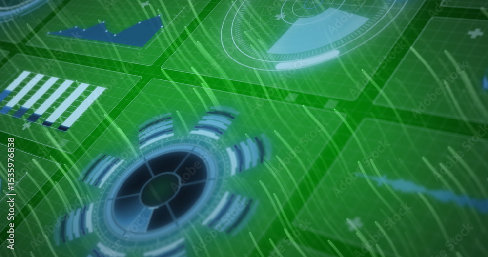 Poster floating holographic panels displaying line graphs, bar charts, gauge dials over 3d triangular grid