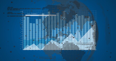 Displaying data visualization over blue dashboard, with dotted globe, data points and axis labels