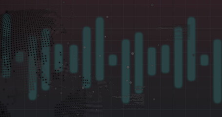 Displaying teal data bar chart on digital dashboard, with world map and code fragments © vectorfusionart