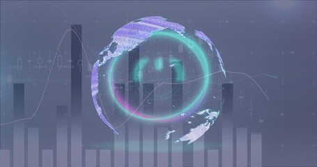 Floating stylized holographic globe displaying data in dashboard, with neon rings and data charts