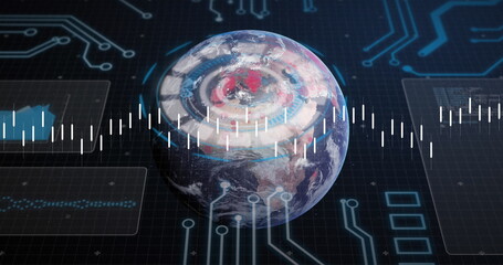 Displaying 3D Earth rippling rings on grid interface, with waveform, circuit traces, UI outlines