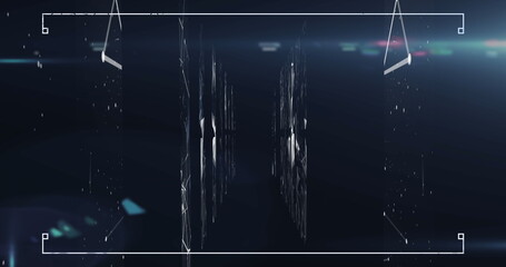 Digital interface displaying glitch panels, with white corner brackets, light streaks and noise