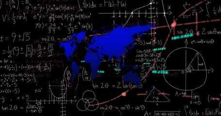 Displaying blue world map silhouette on digital board, showing handwritten equations and graphs