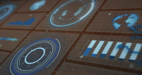 Holographic panel displaying data in control room with circular gauges and globe icon, particles
