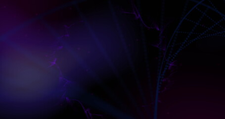 Radiating fractal-like arc curving in digital abstraction, with purple blue glow, copy space