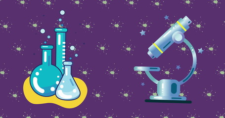 Showing stylized science icons glowing on purple backdrop, with lab flasks, bubbles and microscope