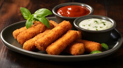 Crispy mozzarella sticks with marinara sauce restaurant food photography cozy setting close-up appetizing concept