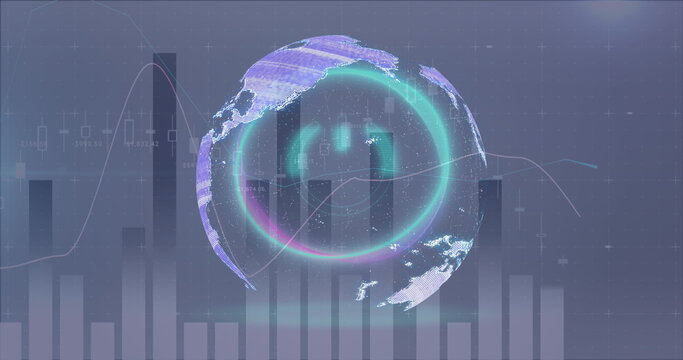 Floating stylized holographic globe displaying data in dashboard, with neon rings and data charts