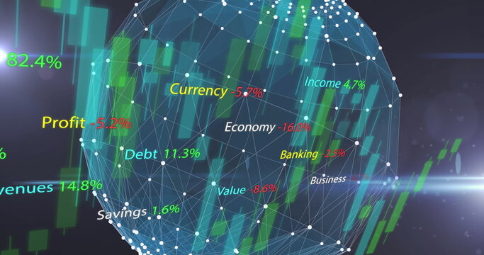 Visualizing spherical network mesh floating in digital space with green red candlestick metrics