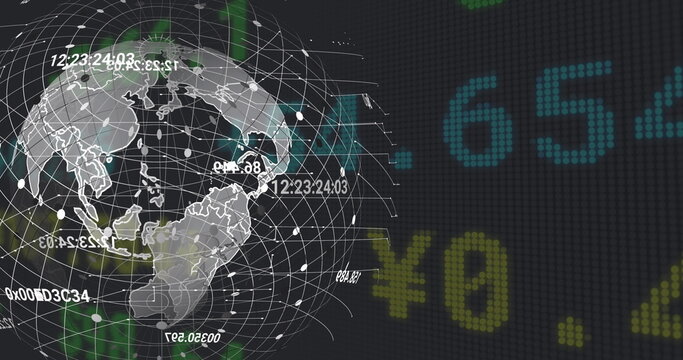 Rotating map-outlined wireframe globe on virtual screen, floating timecodes, hex codes, ¥ values