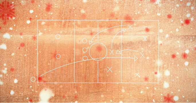 Fototapeta Displaying chalk-like court diagram with circles, crosses, arrows on wood, red snowflake motifs