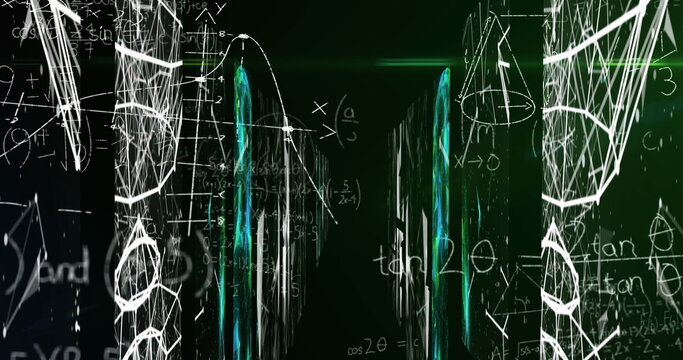 Displaying graphic forming 3D tunnel in dark green gradient, with turquoise pillars and formulas