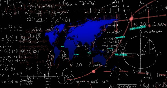Displaying blue world map silhouette on digital board, showing handwritten equations and graphs - Powered by Adobe
