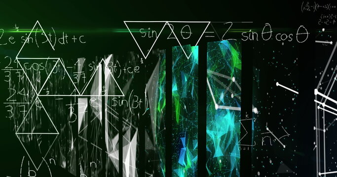 Displaying central white math formulas and green-blue mesh in digital interface, with network lines