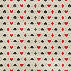 Seamless colorful geometric playing cards suits pattern. Abstract geometric repeating poker card casino background.