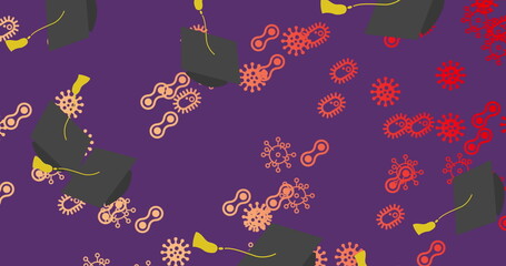 Displaying pattern on purple canvas with graduation caps, yellow tassels and red coral virus icons