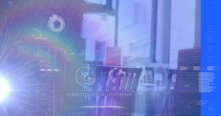 Holographic charts and graphs floating over desks and swivel chairs in open plan office, lens flare