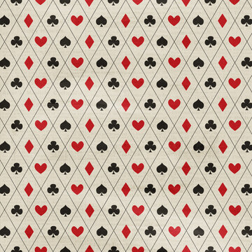 Seamless colorful geometric playing cards suits pattern. Abstract geometric repeating poker card casino background.