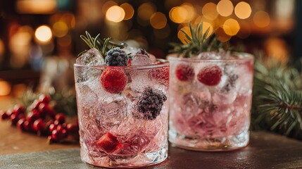 Elegant Pink Holiday Cocktail Festive Drinks Sparkling Ice Berries Rosemary Garnish Winter Festive Season Refreshing Beverage Alcohol Free Option Delicious Party Drinks Beautiful  