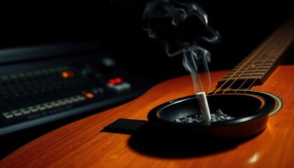 Obraz premium Moody studio shot of an acoustic guitar and smoking cigarette