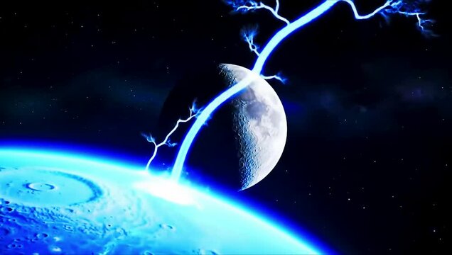 the camera slowly orbits around a gigantic glowing blue alien planet, which rotates majestically in deep space