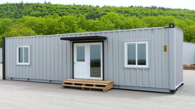 Modern gray container home with white door, windows, wooden steps, outdoor setting near green forest, peaceful modular home design on concrete surface