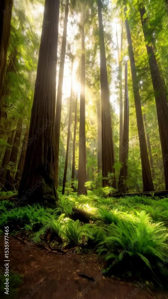 Poster sunlight filters through towering trees in a forest, illuminating a path bordered with vibrant ferns