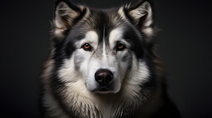 Serious alaskan malamute portrait studio setting animal photography dramatic lighting close-up majestic canine expression
