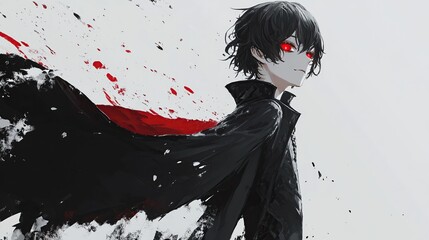 A stylized anime-esque portrait of a young man with short black hair, glowing red eyes, and a dark cloak, set against a white background splattered with red 