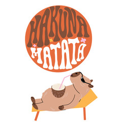 Hakuna Matata lettering poster with capybara relaxing at the beach. Vector cartoon flat character.