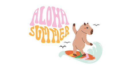 Aloha Summer print with capybara surfing in sea. Vector cartoon flat character.