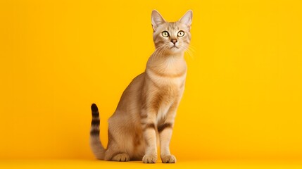 Confident singapura cat posing elegantly on bright yellow background studio photography animal portrait creative environment