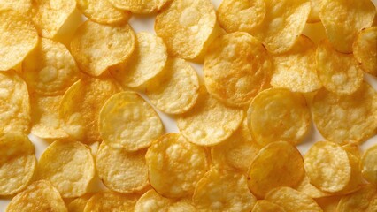 A close up view of many golden and crispy potato chips scattered on a white surface