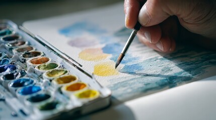 Watercolor paint mixing with seawater in sketchbook