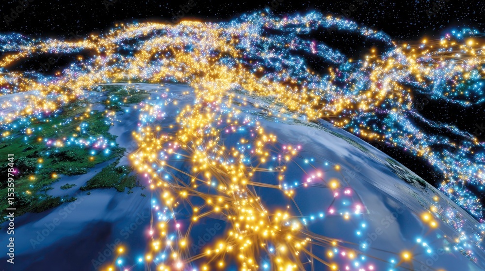 Sticker global network connection, data flow, digital technology - earth from space view