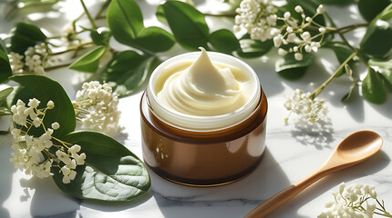 Soft botanical cream in a jar, surrounded by nature’s beauty and sunlight.