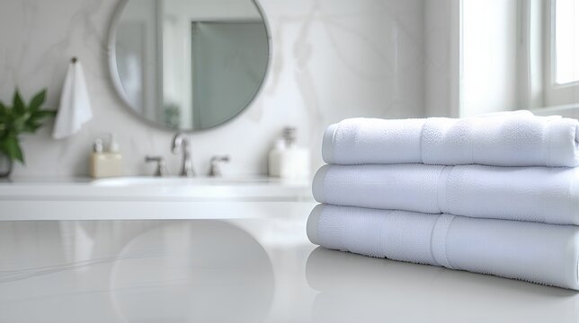 A modern bathroom marble countertop with sink,towels,mirror on a blurred background | empty for product display