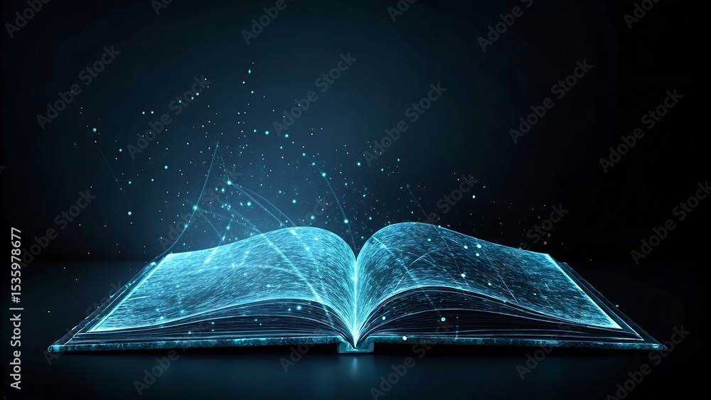 Aufkleber an open book with glowing blue lines and dots floating above it on a dark background