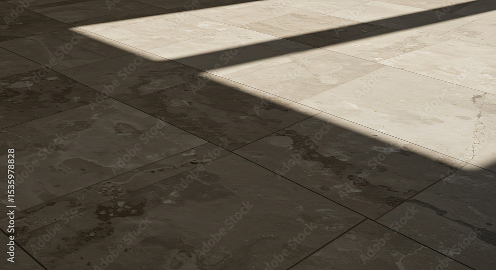 Aufkleber a high-contrast, minimalist image of a harsh window shadow falling across a tiled stone floor, creat