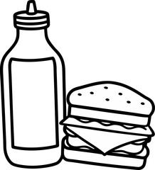A minimalist illustration of a ketchup bottle and a sandwich offering a simple outline design for various applications