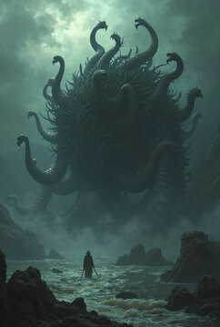 Hydra, the Nine-Headed Serpent of Lerna Emerging from the Dark Lake